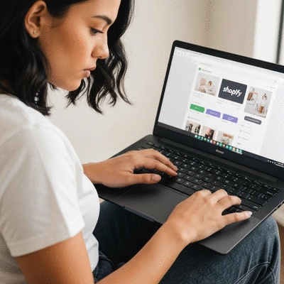 Person setting up a Shopify store on a laptop, close-up of hands typing, clean and modern interface