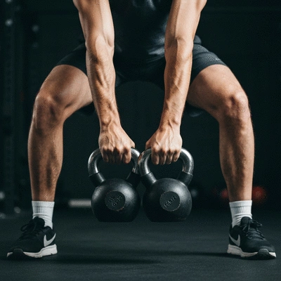 Person performing a kettlebell exercise with two hands, focusing on balanced strength