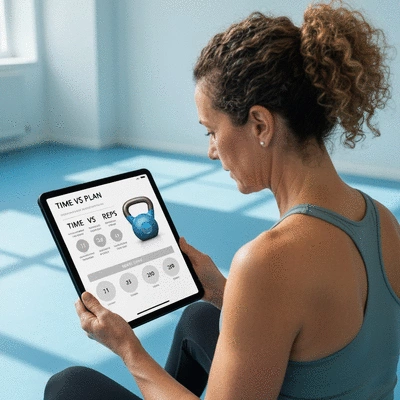Person reviewing a kettlebell workout plan on a tablet, focused on time vs reps, clean gym environment