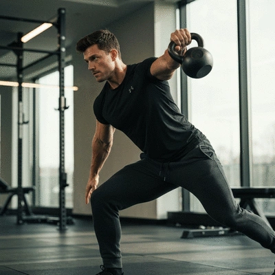 Person performing a kettlebell swing with proper form in a gym setting