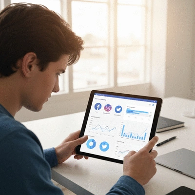 Person looking at marketing analytics on a tablet, showcasing various social media icons and charts, clean and modern
