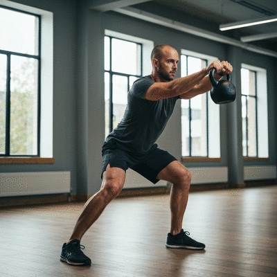 Person performing a kettlebell swing with proper form in a gym setting