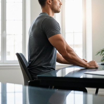 Person demonstrating good posture in daily life, such as sitting at a desk or standing