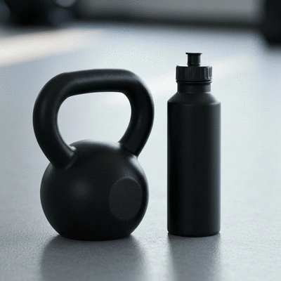 Close-up of a kettlebell and a water bottle on a gym floor
