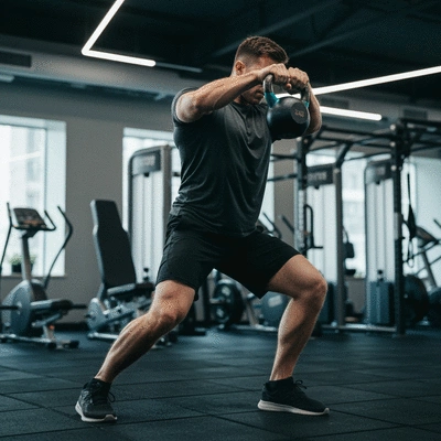 Person performing a dynamic kettlebell swing with proper form, motion blur to show movement, gym background