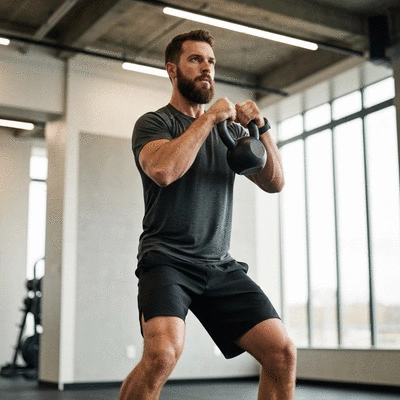 Person performing a kettlebell swing with proper form in a gym setting