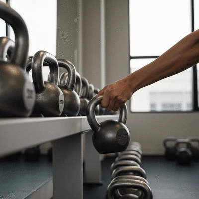 Close-up of a person's hand selecting a heavier kettlebell from a rack