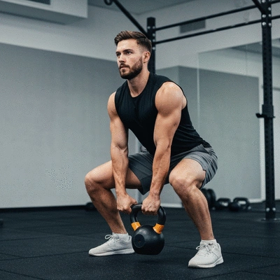 Person performing a goblet squat with a kettlebell