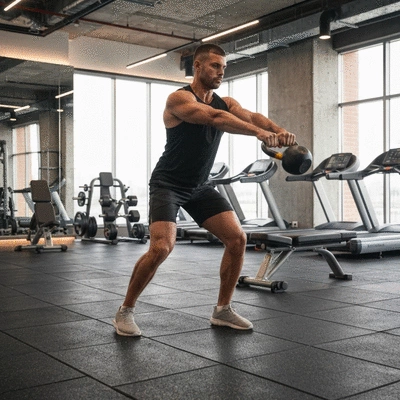 Person performing a kettlebell swing with proper form in a gym setting