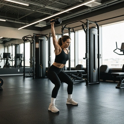 Person performing a kettlebell swing with proper form in a gym setting
