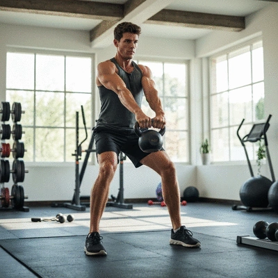 Person performing a kettlebell swing in a home gym setting