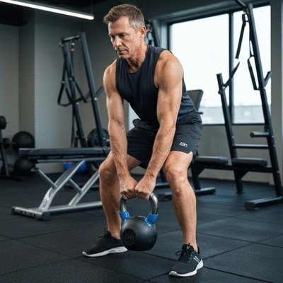Person demonstrating proper kettlebell grip and stance