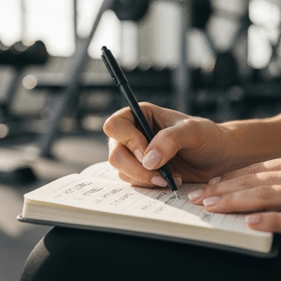 Close-up of a hand writing down kettlebell workout progress in a notebook