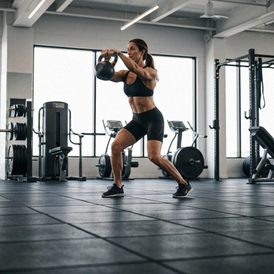 Person performing a kettlebell swing in a gym setting
