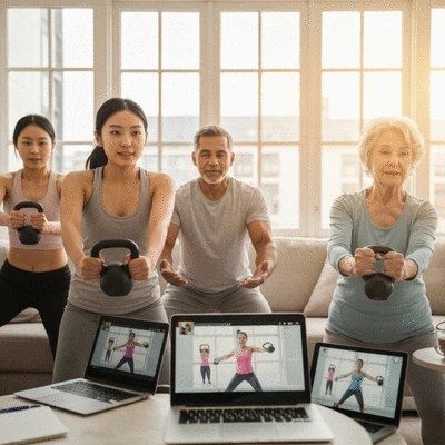 A diverse group of people participating in an online kettlebell fitness class on laptops and tablets