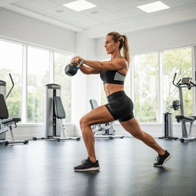Woman performing kettlebell swing with proper form in a gym setting