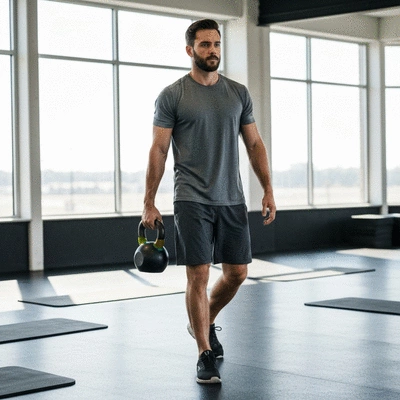 Person demonstrating proper form for a kettlebell loaded carry, emphasizing core engagement