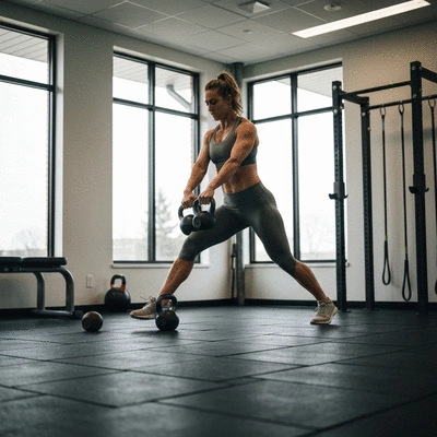 Athlete performing mobility drills with kettlebells in a gym setting