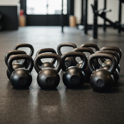 Assortment of kettlebells of different weights on a clean gym floor