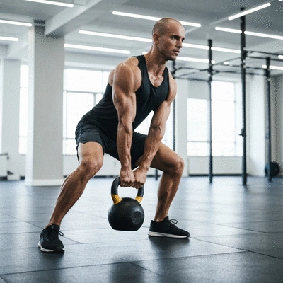 Athlete performing kettlebell deadlifts in a gym setting