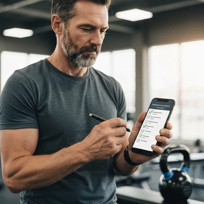 Person checking off items on a personalized fitness checklist for kettlebell training