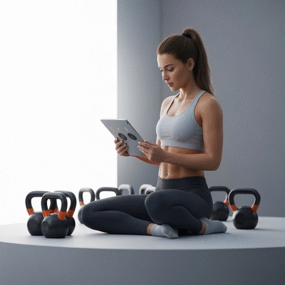 A person studying advanced kettlebell training techniques on a tablet with kettlebells in the background