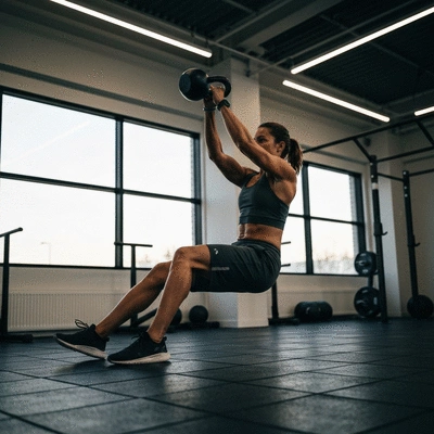 Person performing a dynamic kettlebell swing in a gym