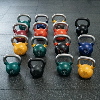 Collection of diverse kettlebells arranged neatly on a gym floor