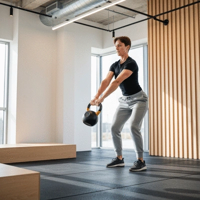 Person performing kettlebell swings with good form in a gym setting