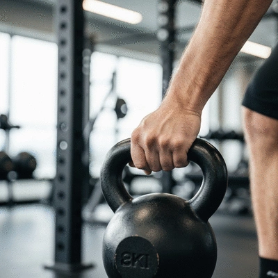 Close-up of a hand gripping a kettlebell