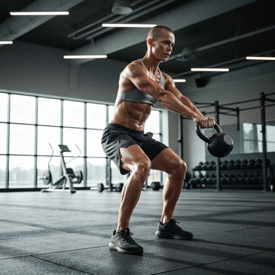 Person performing a kettlebell swing with proper form in a gym setting