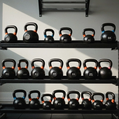 Various kettlebells neatly organized in a gym setting