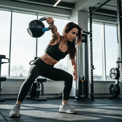 Person performing a kettlebell swing with good form in a gym setting