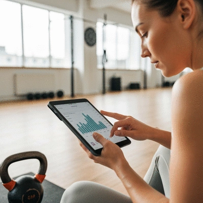 Person tracking kettlebell workout progress on a tablet