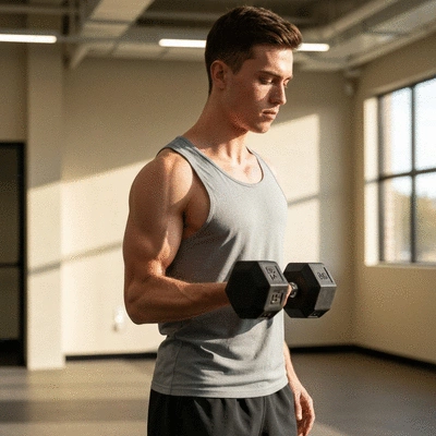 Person performing a bicep curl with a dumbbell, focusing on muscle isolation